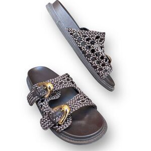 Joie Waffle Dark Brown Woven Sandals Women's Gold Buckle Slide Sandals Size 8